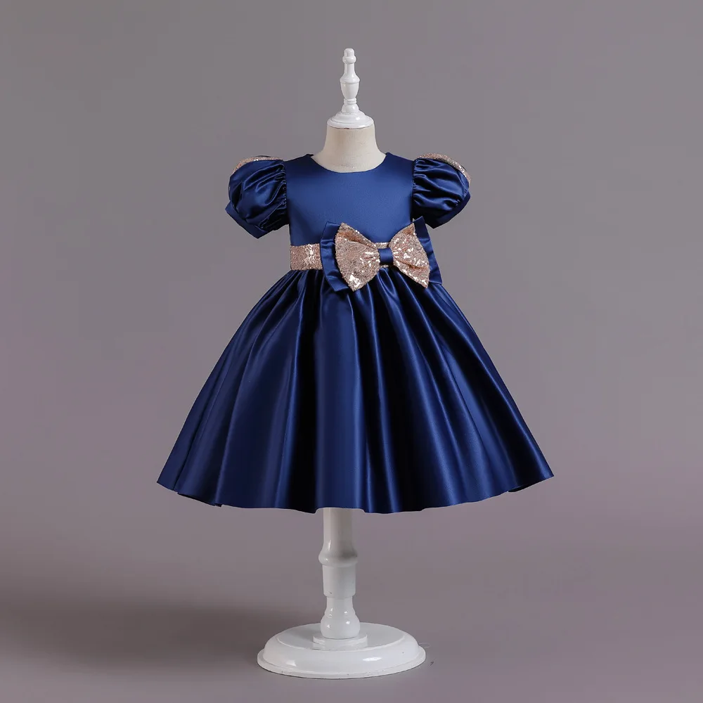 

Girl Satin Party Dress Puff Sleeves Glittery Bow Accent Satin Finish Elegant Outfit for Children Princess Skirt Kid Formal Gown