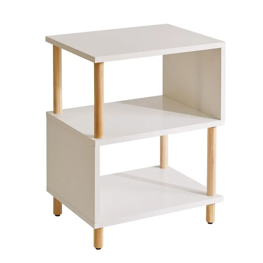 

White Night Stand with Open Storage Shelf, Wood Nightstand S Shape, Bed Side Table 3 Tier 20 inch high, End Table White Natural