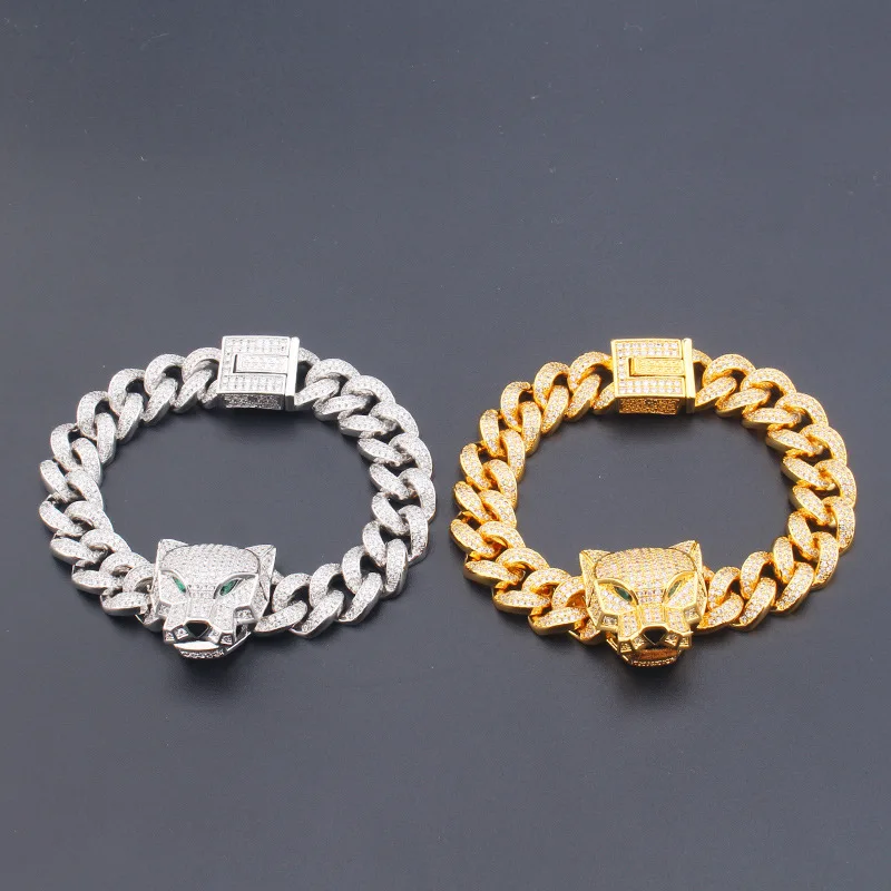 Vintage Fashion Hip Hop Style Bracelet Women Men Inlaid Full Cubic Zircon Green Eyes Leopard Panther Cuba Chain Party Jewelry