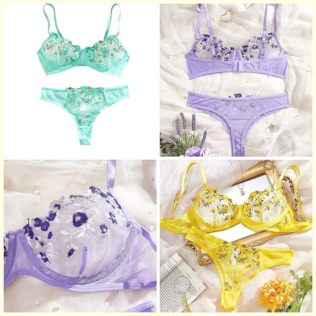 

Floral Embroidered Satin Lingerie Set: Sheer Bra & Brief, Sexy Transparent Underwear for Women