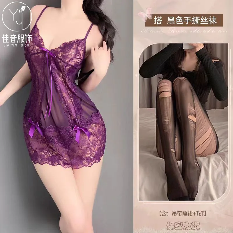 

Фиолетовое нижнее белье Wild Twilight, прозрачный кружевной искушение, ночная рубашка с глубоким V-образным вырезом, сексуальное женское белье