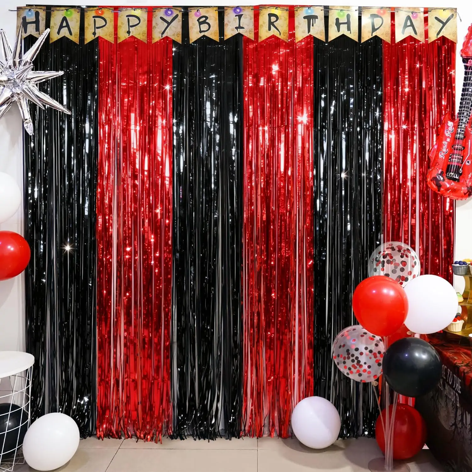 Black Red Party Streamers Backdrop, Including 2 Pack Black Red Streamers, 26pcs Balloons & 1pcs Birthday Banner for Stranger/Friday Party/Halloween Party Decorations