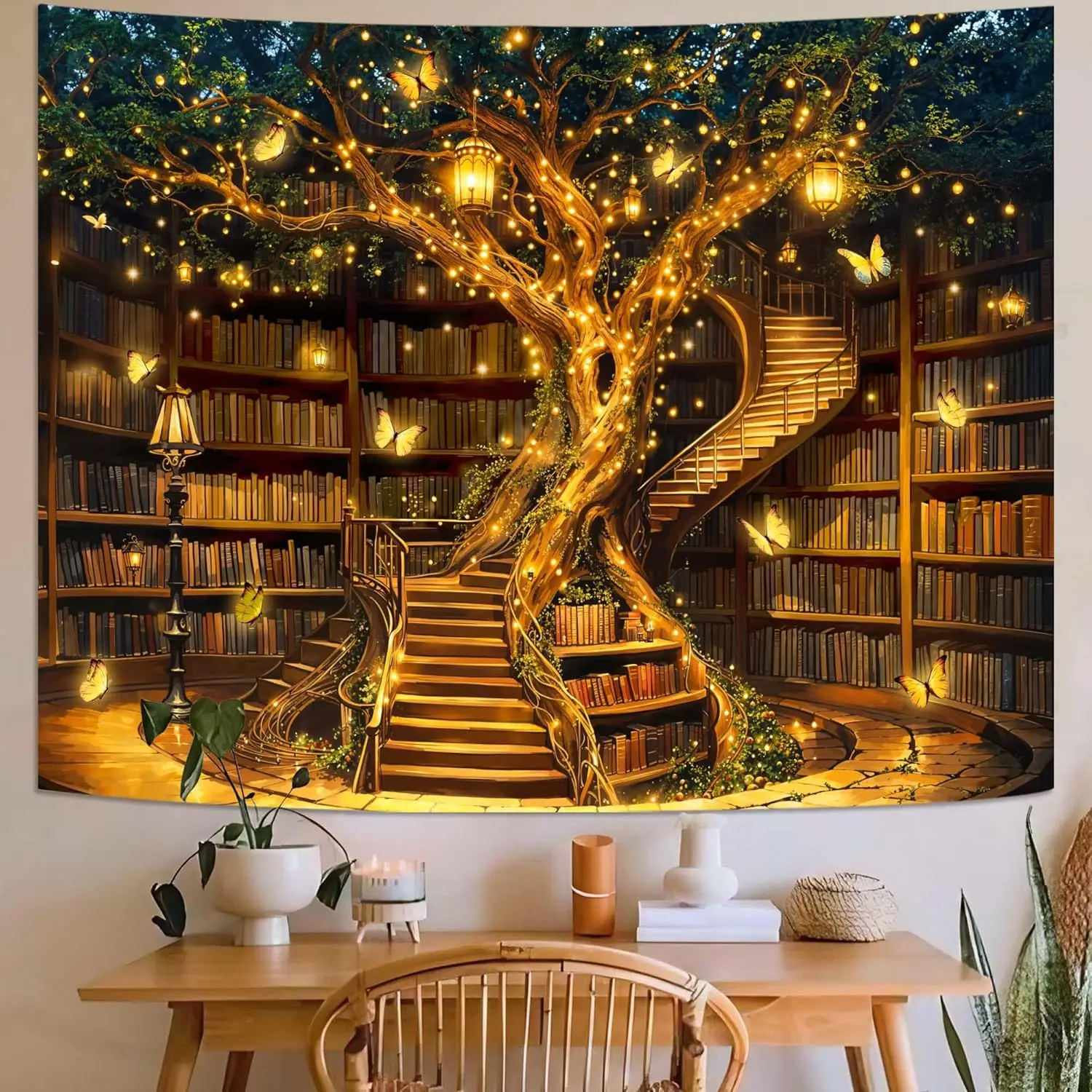 نسيج حائط لشجرة الحياة السحرية من Spenlife، نسيج شجرة رف الكتب الخيالي لديكور الغرفة، نسيج مسحور