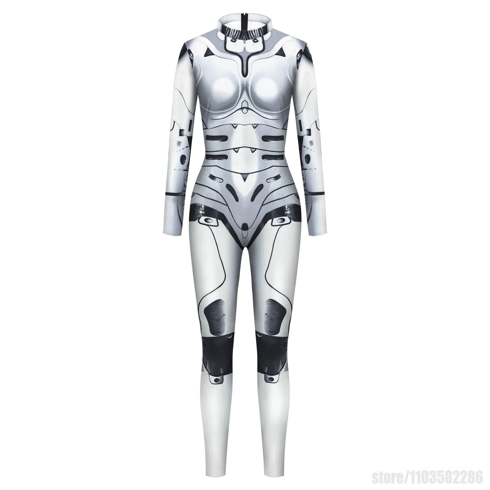 Karneval Cosplay Kostüm Damen Roboter-Jumpsuit Weiße Rüstung 3D-Druck Bodysuit Purim Festival Zentai Damen Enganliegende Outfits