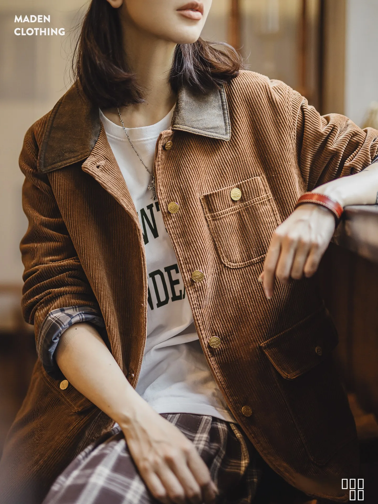 Maden Giacca da Lavoro e Caccia da Donna, Stile Retrò, in Velluto a Coste Marrone e Camoscio, con Colletto, Autunnale, Ispessita, a Maniche Lunghe e Orlo Dritto