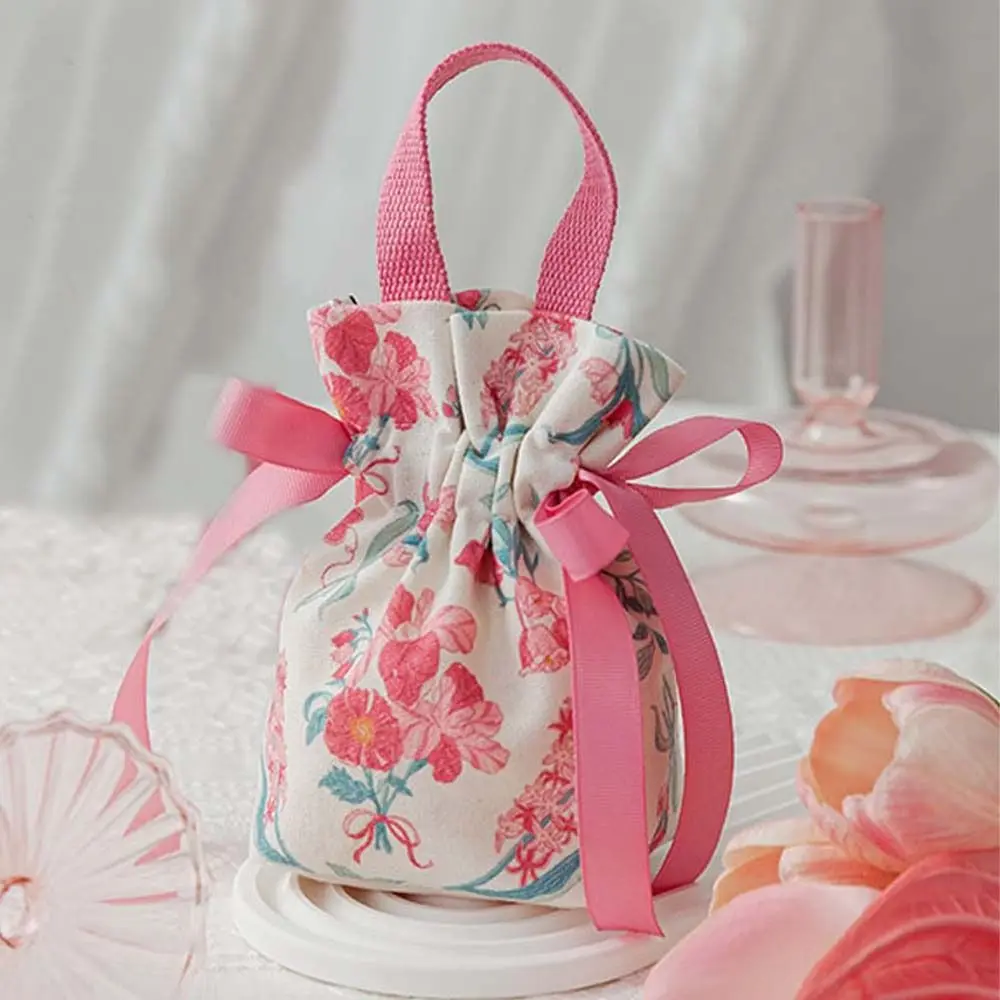 Fashion Bird Canvas Drawstring Bag Large Capacity Floral Small Flower Wrist Bag Bucket Bag Storage Bag Bowknot Handbag Outdoor