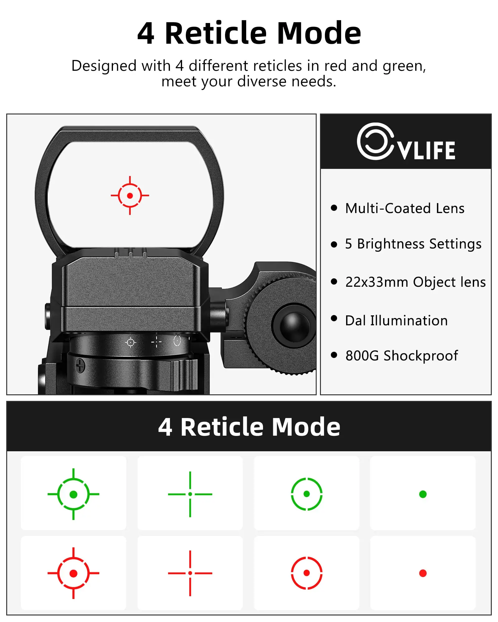 نطاق CVLIFE جهاز رؤية عاكس نقطة حمراء رؤية أحمر أخضر 4 بصريات شبكاني مع ليزر أخضر ومفتاح لوحة الضغط للسكك الحديدية 20 مم