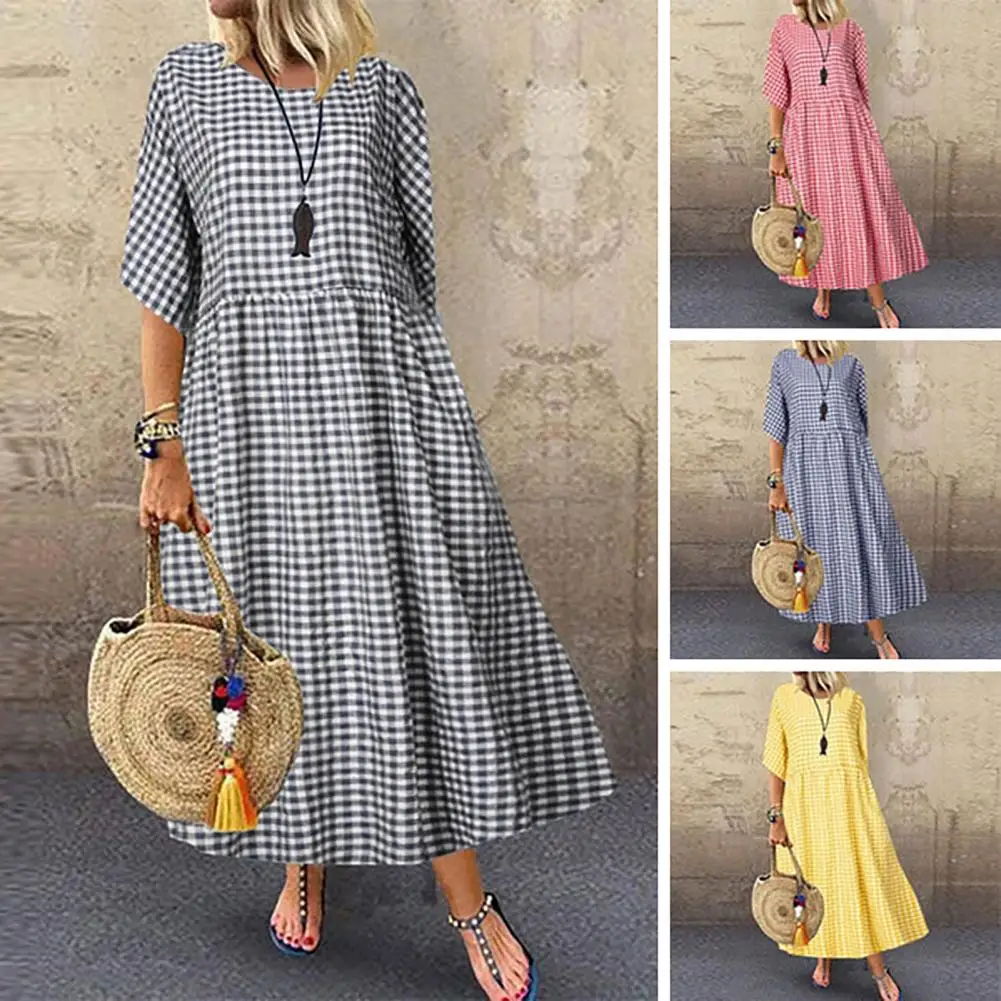 Dating Maxi Dress Stylish Check Print Maxi Dress for Women A-line Silhouette Pleated Design Short Sleeves for Commuting Dating