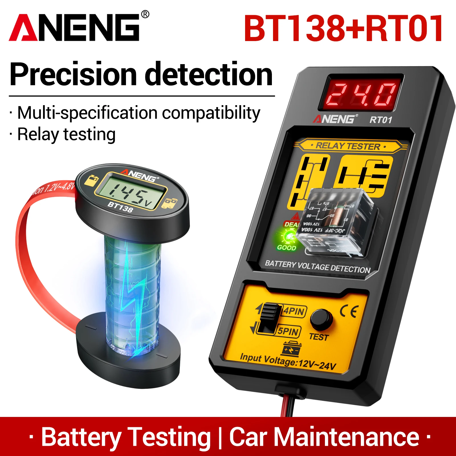 Kit de detección de precisión RT01, probador de relés automotrices, combinado con el probador de baterías BT138, herramienta universal de diagnóstico y mantenimiento.
