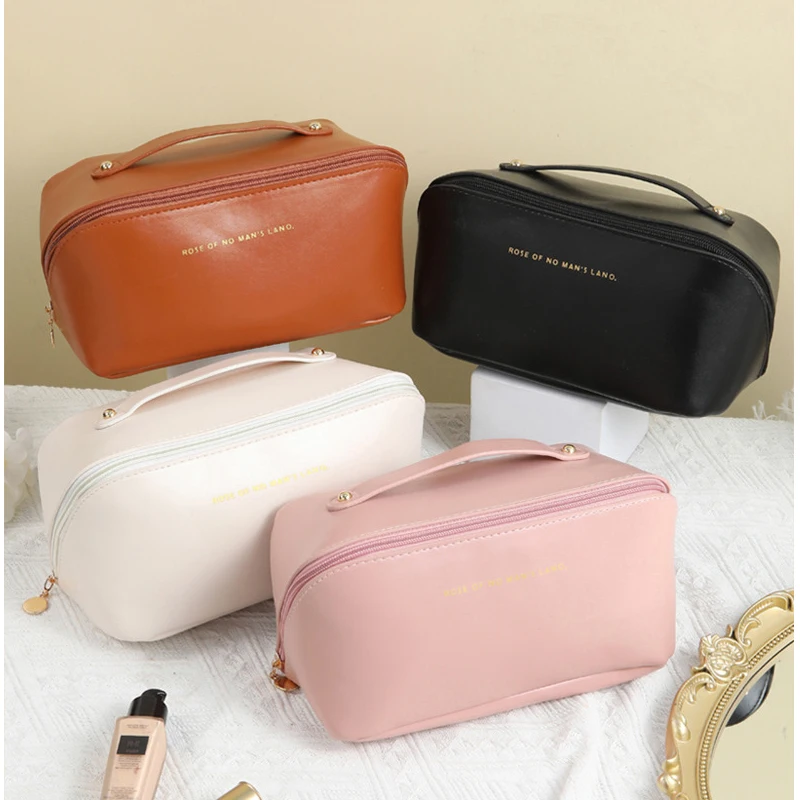 

Luxury Vintage Large Capacity Brown Pu Leather Toiletry Travel Makeup Bag Cosmetic Bag for Organizer Beauty Case