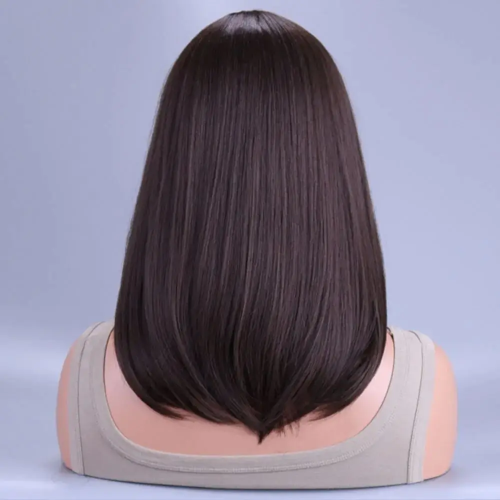 Bla Brown Middle Long Straight Synthetic Wig with Bangs Casual Ele Women's Hairpiece for Autumn Season