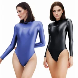 AMORESY Women's Silky Glossy One Piece Swimsuits Long Sleeve Leotards Glitter Stretch Solid Zipper Beach Tights Surfing Swimwear