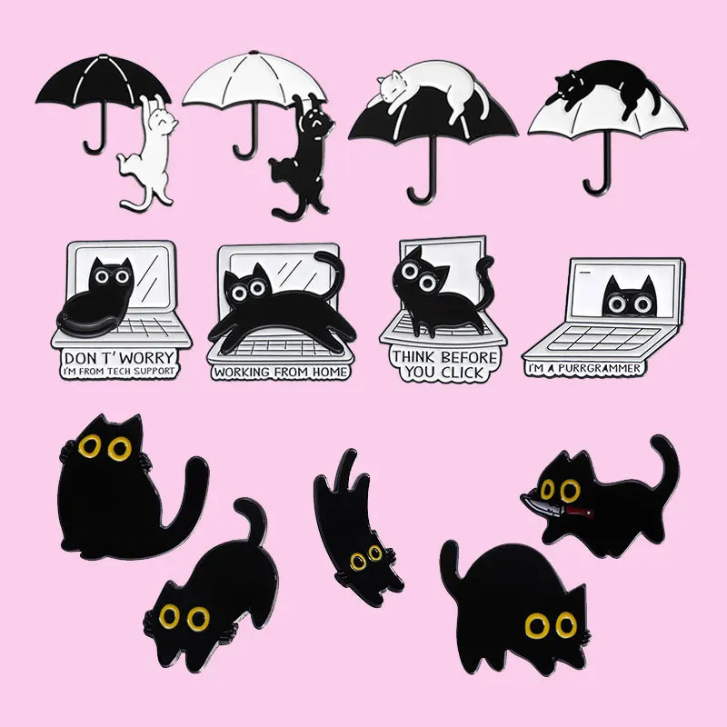 Black Cat Enamel Pins Umbrella White Kitten Brooches Lapel Badges Cute Cartoon Animal Jewelry Backpack Accessories Gift For Kids view 6