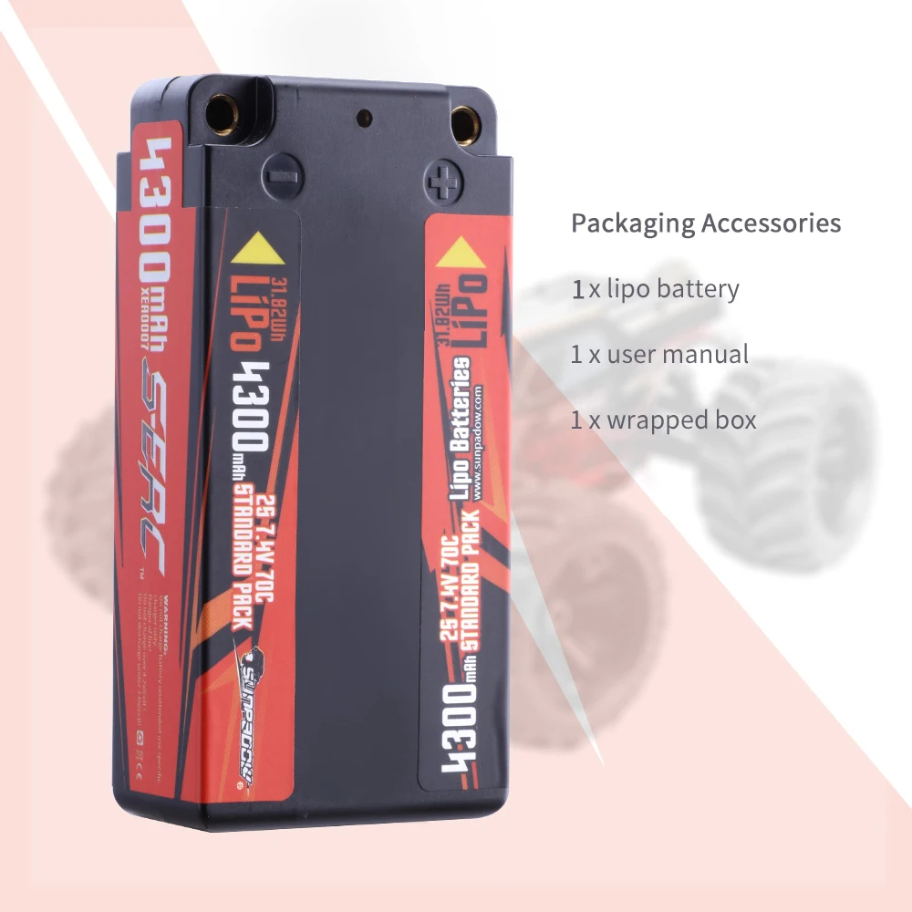 Sunpadow 2S 7.4V Shorty Lipo Battery 4300mAh 70C Hard Case with 4mm Bullet for RC 1/8 1/10 Scale Vehicle Car Truck Tank Buggy