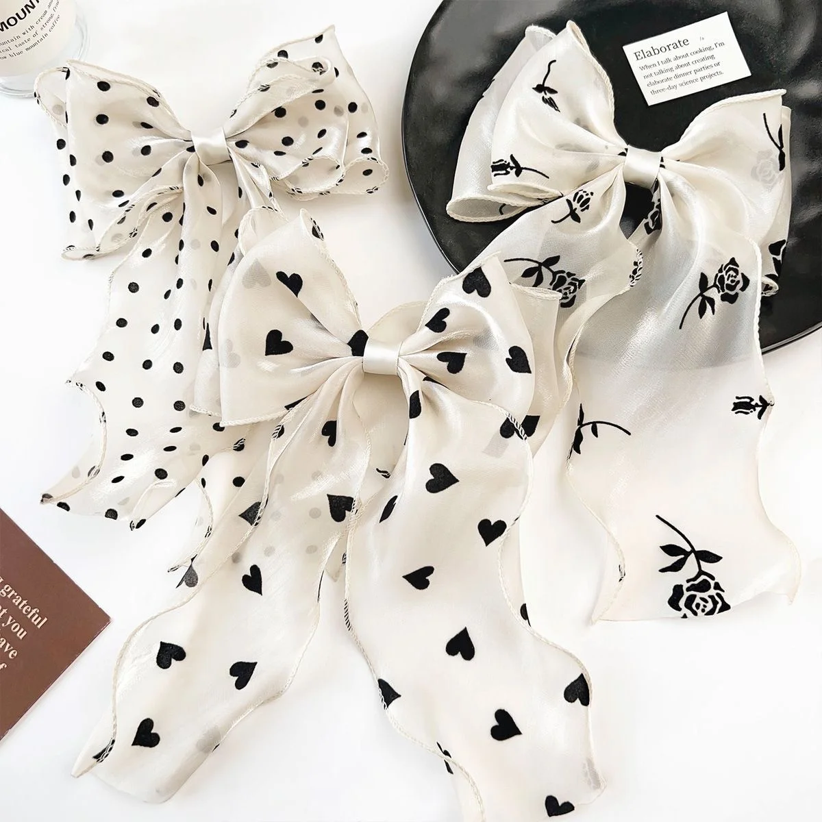 Elegant Beige Ribbon Bow Hair Clip Black Heart Rose Decor Long‑tail Hairpin Wedding Daily Hair Accessory