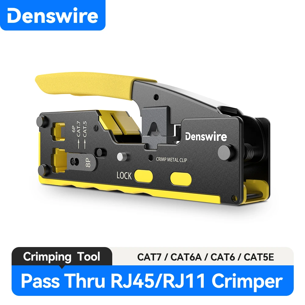

Denswire Pass Thru RJ45 Crimper Tool, Ethernet Crimping Tool for Cat8/7/6A/6/5E 8P 6P RJ11 RJ45 Connectors D718