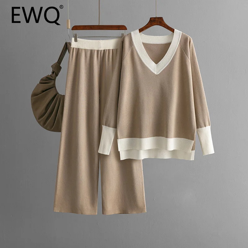 EWQ Contrast Color Knitted 2 Piece Set Women Fashion V Neck Long Sleeves Sweater + Wide Leg Trousers 2024 Winter New 27X1515