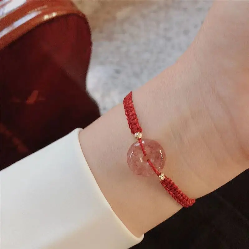 Vintage Chinese Style Strawberry Crystal Safety Buckle Bracelet for Women Handmade Lucky Red Rope Fashion Jewelry Girls Gifts