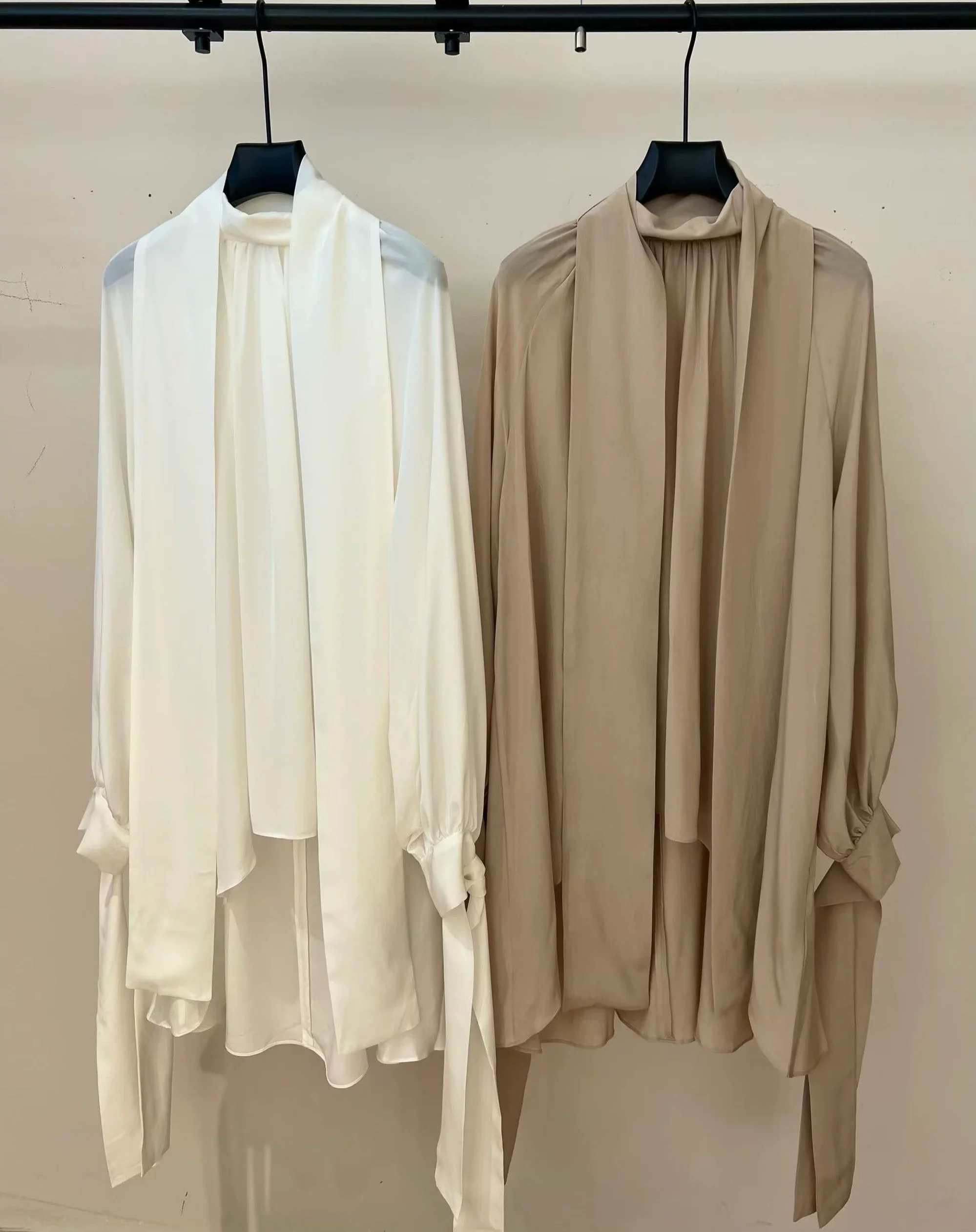 Luxury Pure Silk Blouse Women Elegant Tie Neck Long Tunic Shirt White Khaki Drape Tops