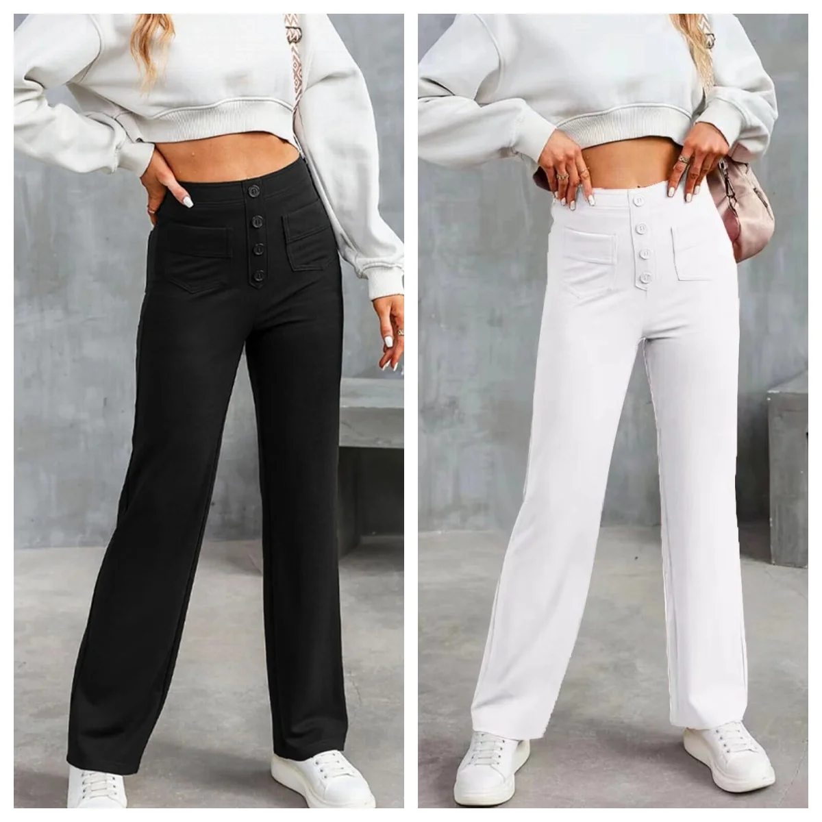 Spring Autumn Women Multiple Button Pocket Straight Leg Pants High Elastic Waist Trendy Street Ladies Solid Casual Trousers