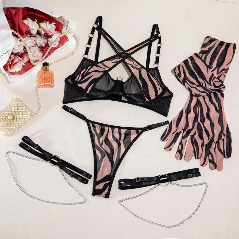 Bikini Zebra Pattern Female Sexy Lingerie Mesh Swimsuit Four-Piece Set with Gloves