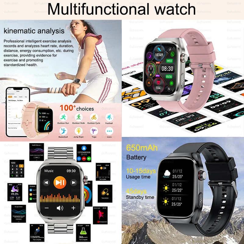 Smartwatch de saúde médica feminina, exame físico, gordura de açúcar no sangue, frequência cardíaca, ácido úrico, AMOLED Bluetooth Call, Smartwatch