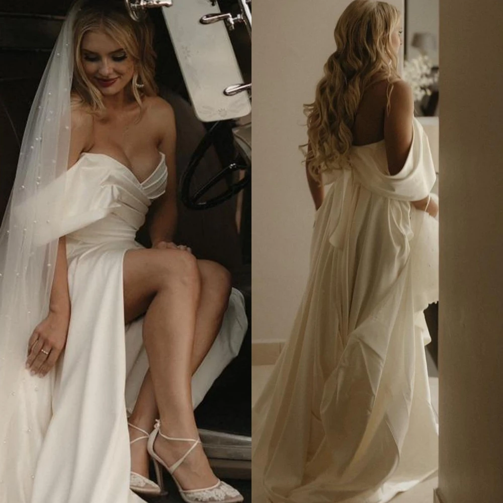 

Customized White Side Slit Wedding Dress Elegant 2025 Bridal Party for Woman Elegant Chapel Train Zipper Back Vestido De Novia