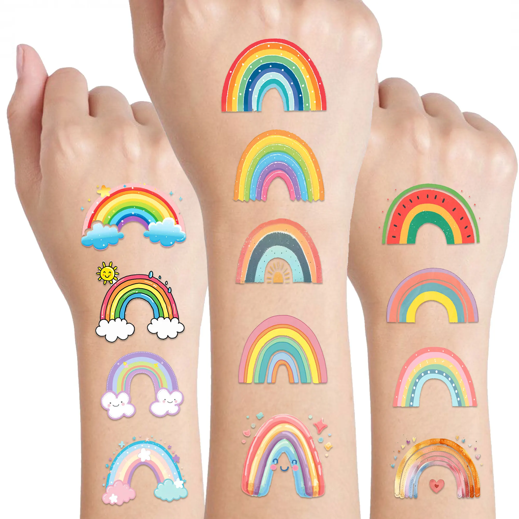 100 PCS 10 Sheet Pastel Rainbow Temporary Tattoos Boho Rainbow Birthday Party Favors Fake Tattoo Rainbow