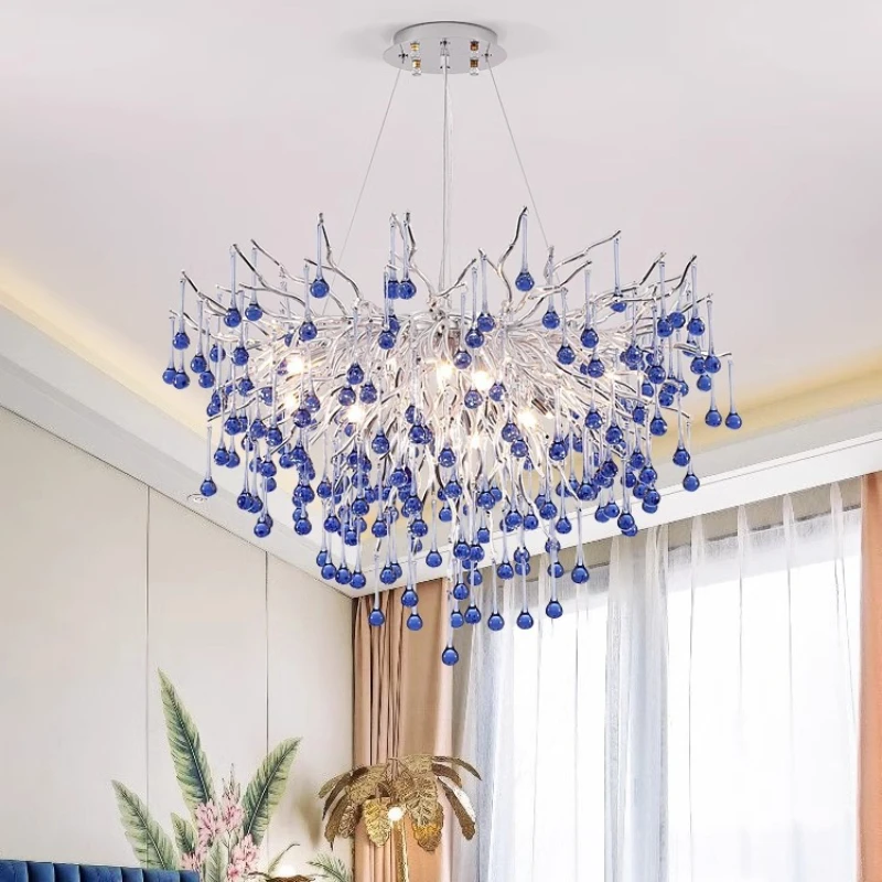 

Light luxury living room chandelier creative blue chandelier hall main light personalized art tree branches water droplets