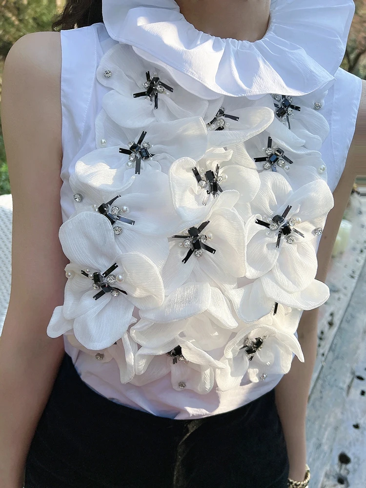 Chemise à fleurs en trois dimensions pour femme, chemisier blanc en fibre, haut glacé, style court, doux, volants, printemps, été, nouveau design, 2022