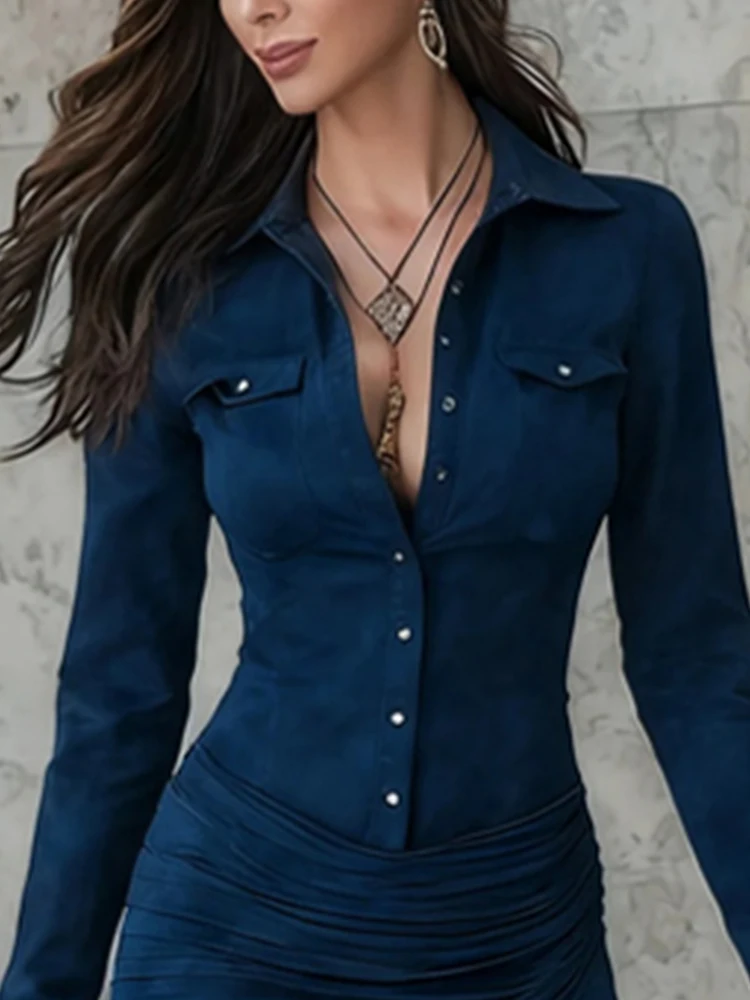 فستان نسائي أنيق بأكمام طويلة وطية صدر السترة فستان كاجوال بجيب سادة ونحيف طويل للحفلات بأزرار على الموضة فستان بحاشية مكشكشة غير منتظمة #1