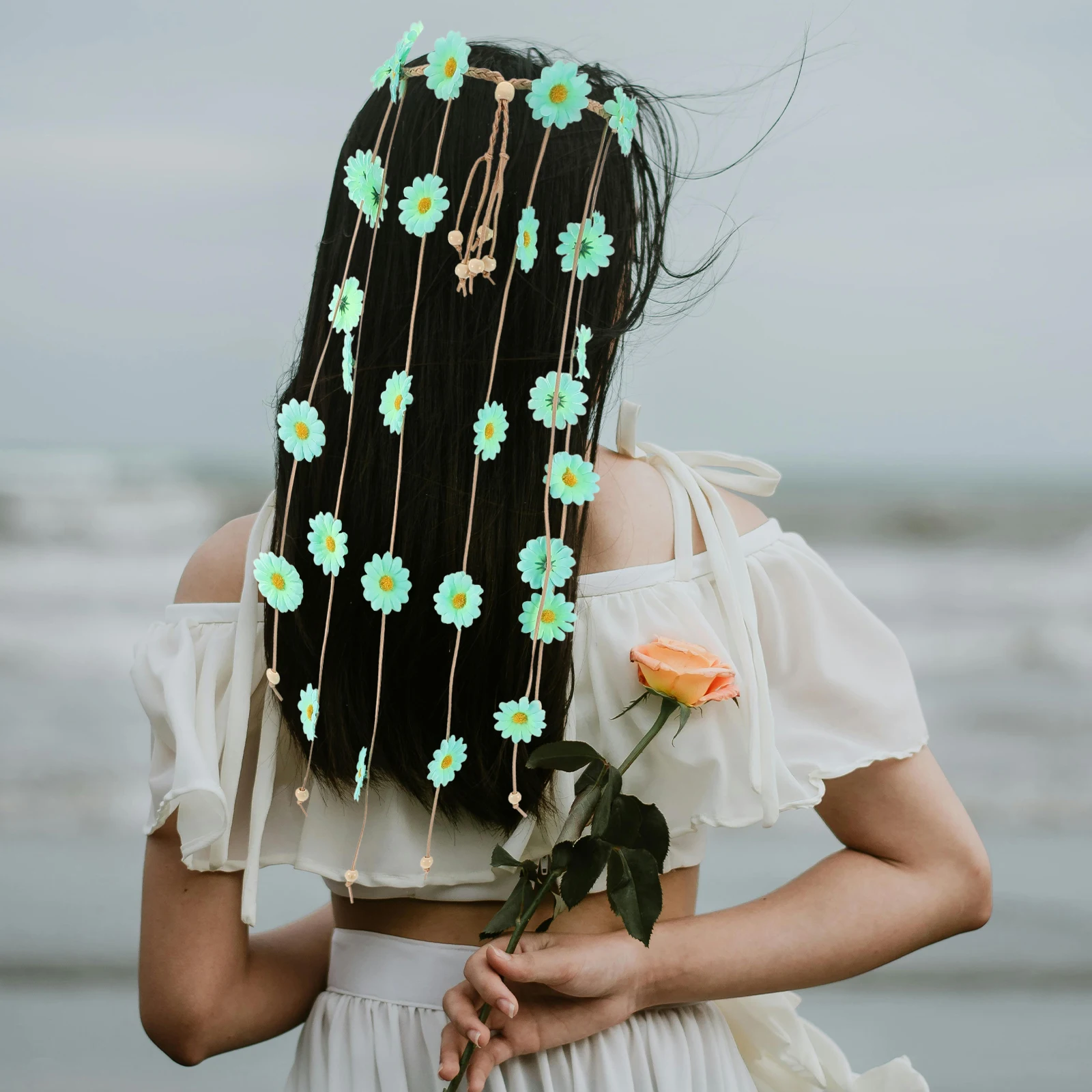 

Flower Hippie Headband for Women Adjustable Floral Crown Sunflower Beads Handmade Party Festival Hair Accessory