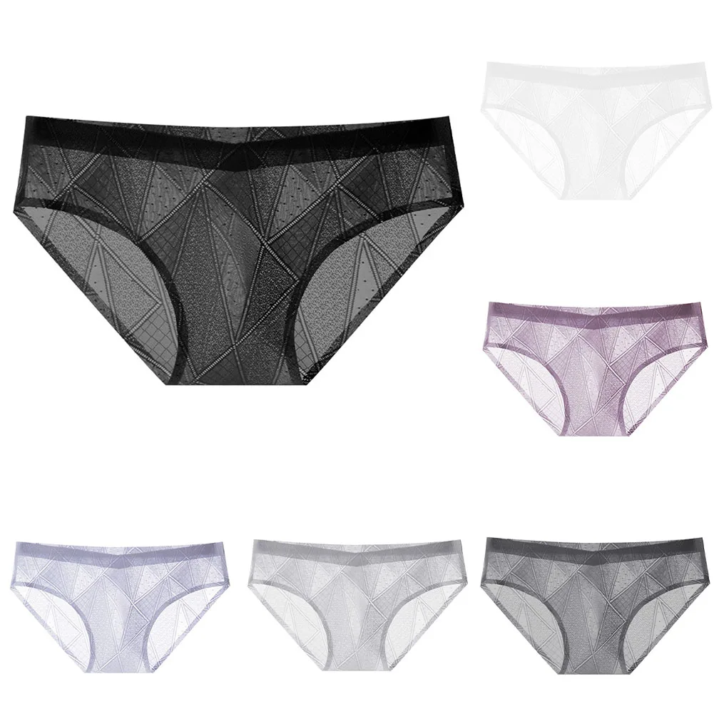 Casual Geometry Jacquard Lace Panties Men Lightweight Sheer Mesh Briefs Underwear Breathable Elastic Underpants