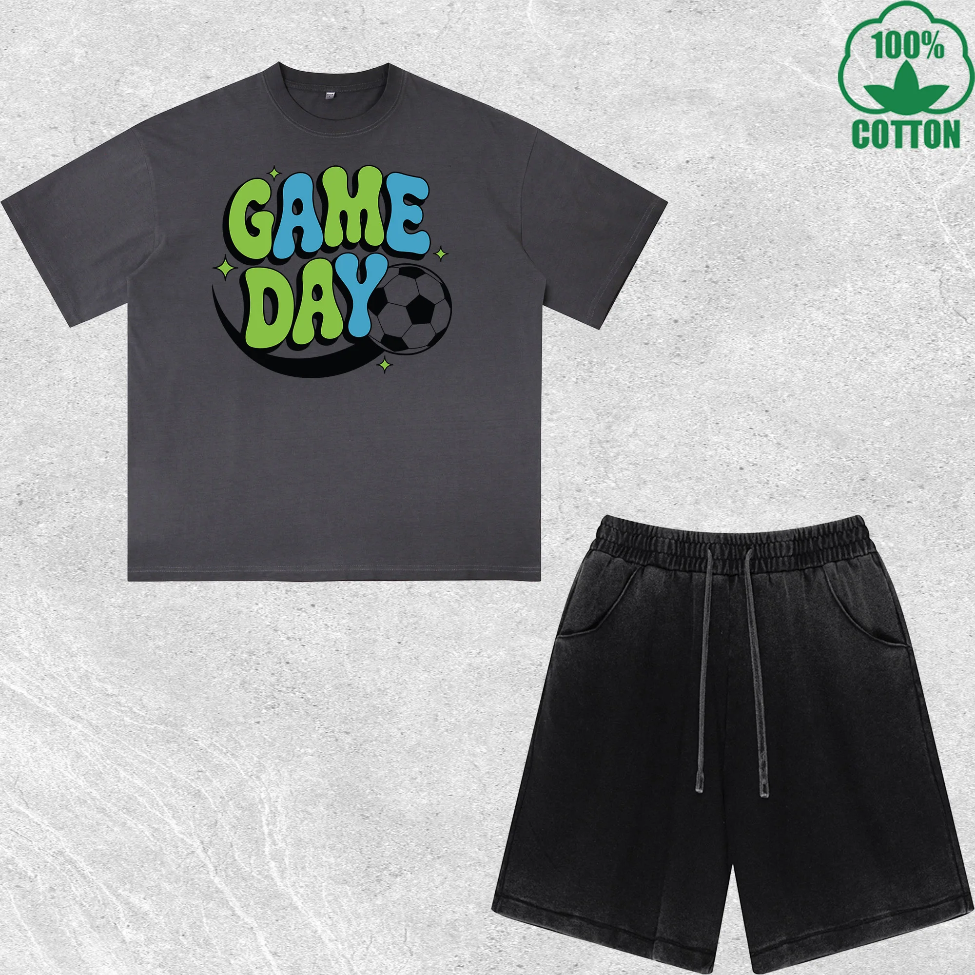 

Soccer Game Day Printed Dirty Wash T-Shirt Shorts Set Multicolor Combo Loose Trendy Fashionable 100%Cotton Short Value Pack