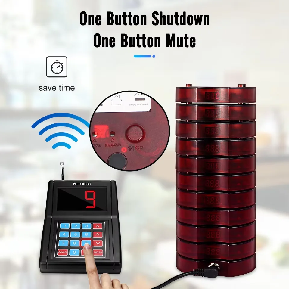 Retekess TD165 ร้านอาหาร Pager Wireless Calling System 2 คีย์บอร์ด 30 Coaster Buzzer Bell สําหรับ Cafe อาหาร Court Bar โรงแรม