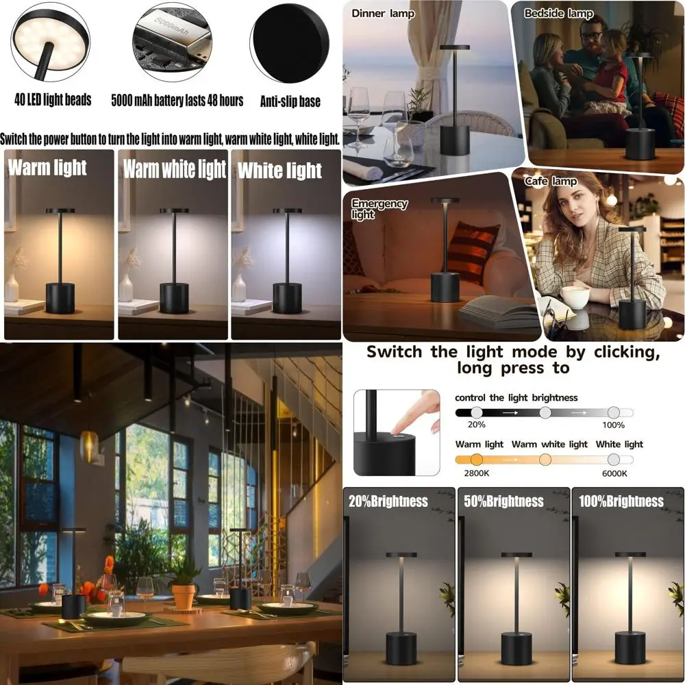 

Dual Rechargeable LED Desk Lamps, 5000mAh Battery, 3-Level Brightness, Portable Metal Lamp for Indoor and Outdoor Use (2 Black,