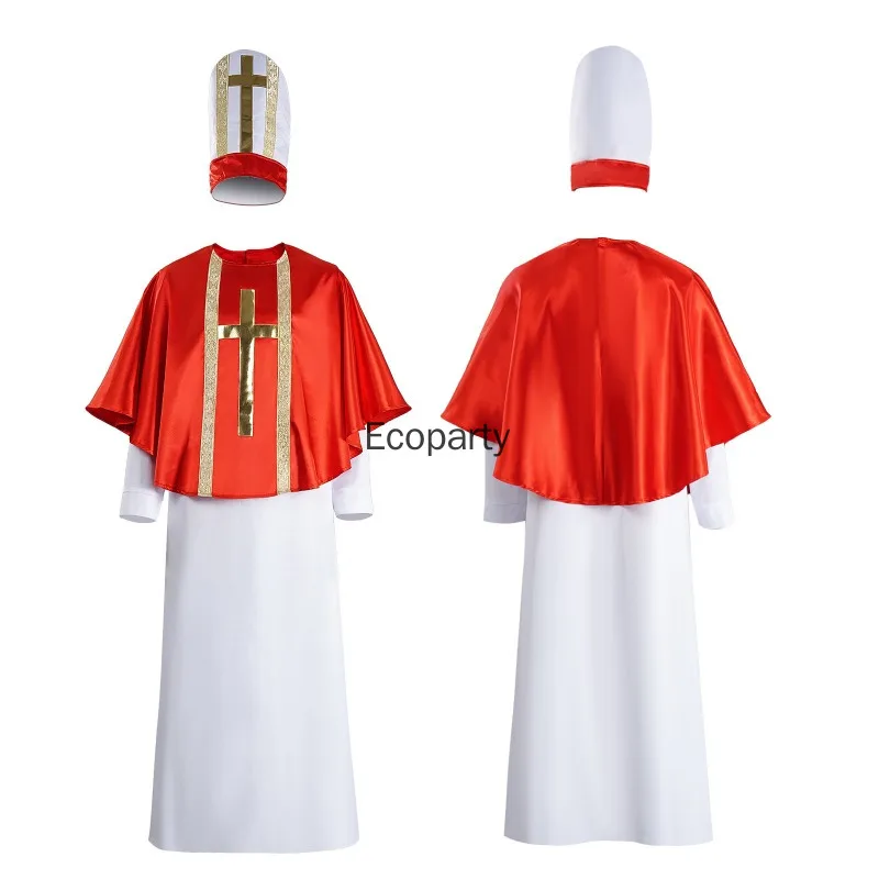 Costume de prêtre pour hommes, 3 pièces, Robe de missionnaire de pasteur d'église médiévale rouge avec chapeau, déguisement de fête de carnaval d'halloween pour adultes