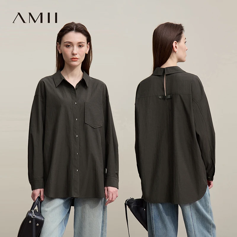 

Amii Women's Shirt 2026 Spring New Lapel Dropped Shoulder Long Sleeve Shirt Women's Back Collar Slit Loose Top Female 12641033
