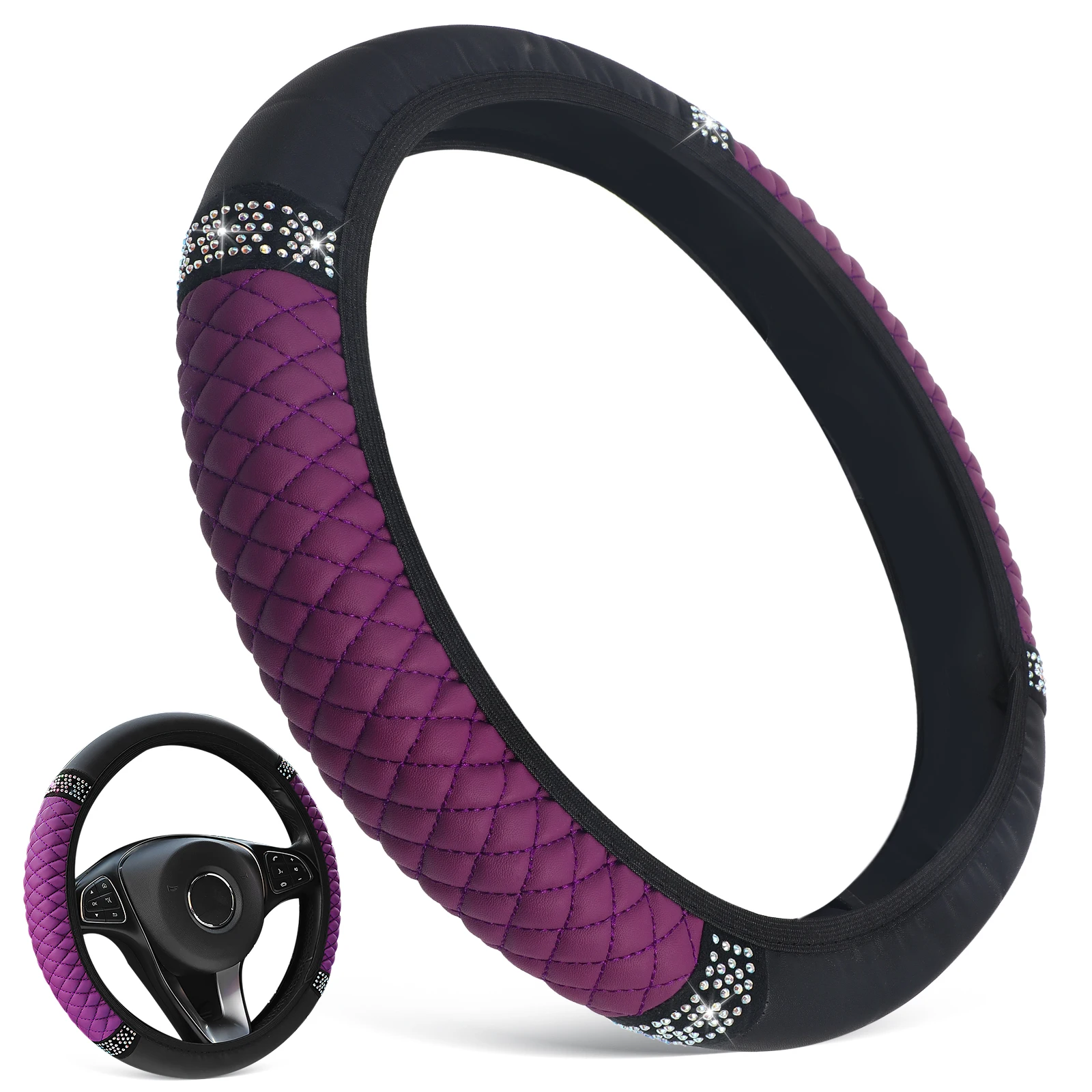 

Embroidered Steering Wheel Cover Sparkly Rhinestone Soft Pu Grip Anti- Car Accessory for Women Car Interior