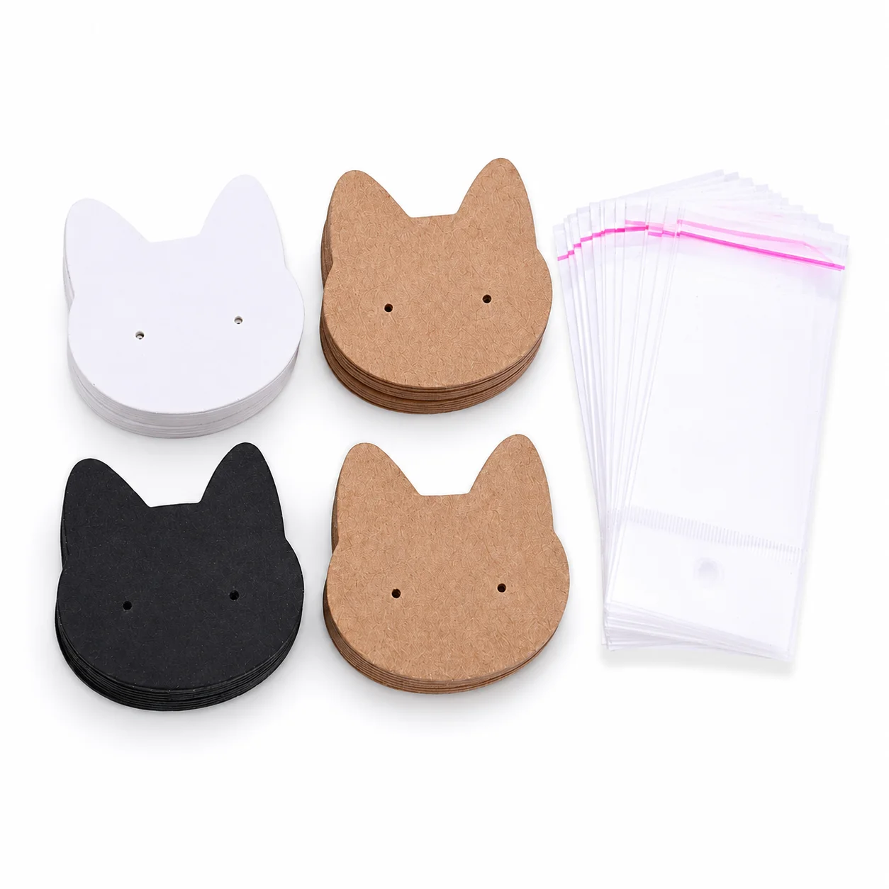 100-teiliges Set: 50 Katzenförmige Ohrring-Displaykarten und 50 selbstklebende Beutel, Kraftpapierkarten für Schmuckverpackung und -präsentation – Detail 6
