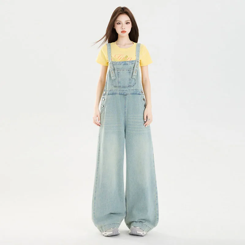 American Style High Waist Denim Overalls Women's Streetwear Retro Solid Color Pockets Design Loose Pants Summer Casual Jumpsuits