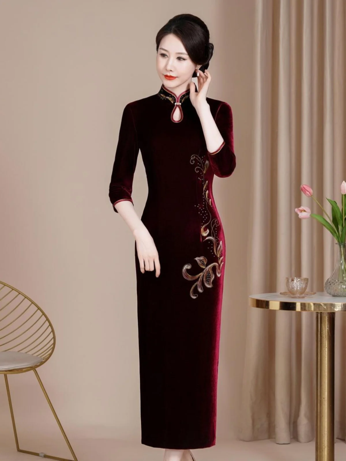 

Новое бархатное длинное платье-ципао больших размеров для свадебных торжеств, для матери невесты, с эффектом стройности