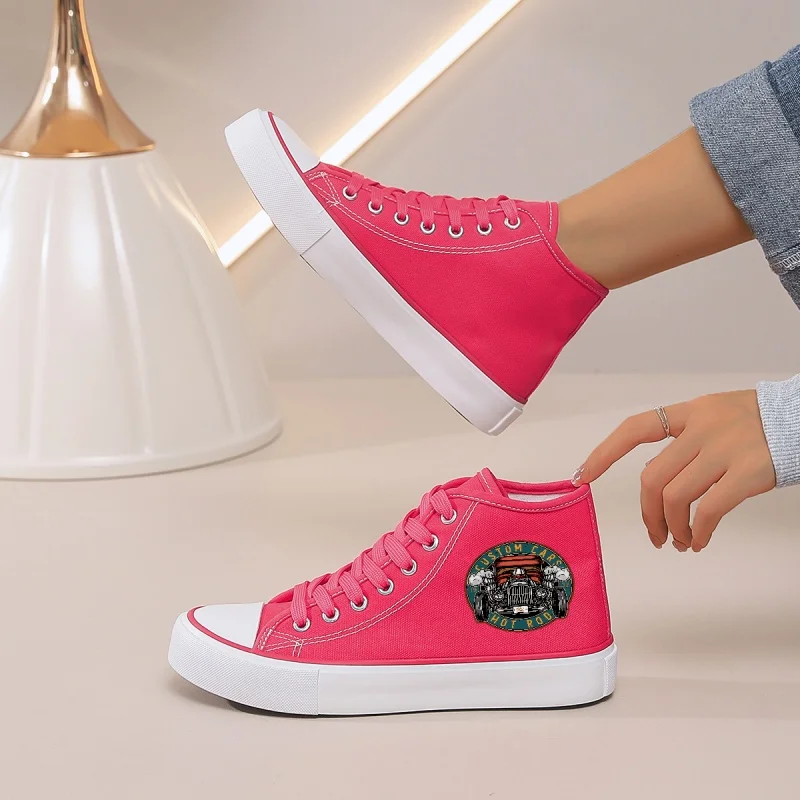 

Women's Fuchsia High-Top Canvas Sneakers: Lace-Up with Round Toe & Cartoon Patch. Perfect for Casual Wear with Jeans or Skirts.