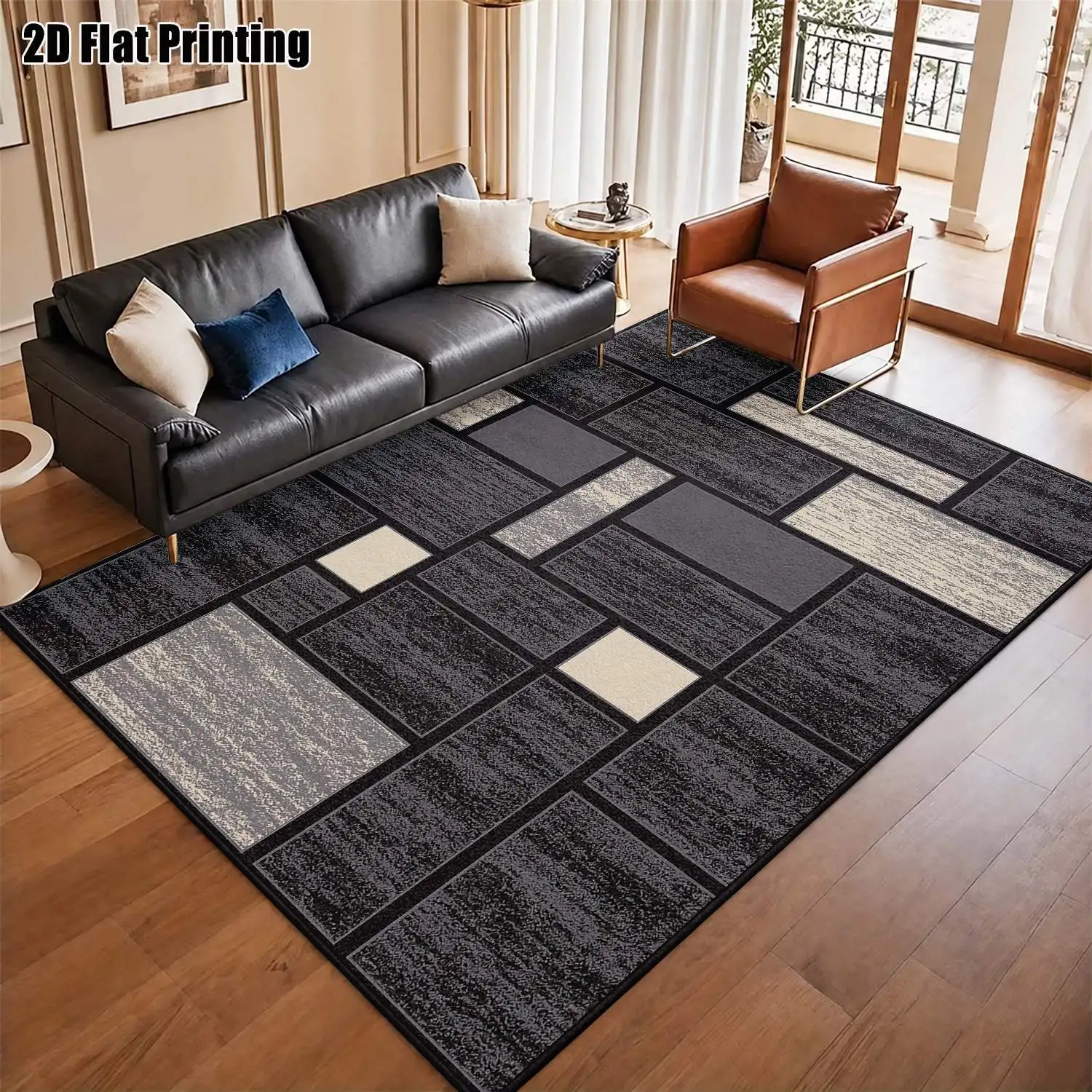 1Pc 2D Printed Blue-Grey Geometric Nordic Modern Minimalist Instagram-Style Carpet, Machine Washable, Multi-Size, Suitable for Entrance, Dining Room, Living Room, Bedroom, Etc
