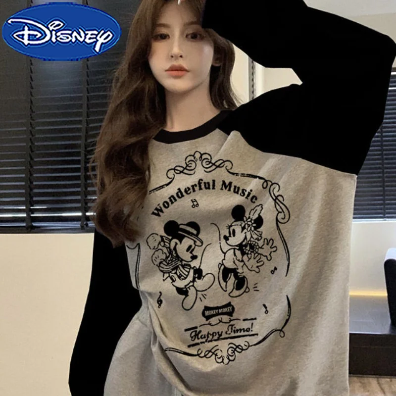 Disney Mickey Mouse Long Sleeve T-Shirt Cartoon Cotton Colorblocked Women Crew Neck Print Top Fall Winter Versatile T-shirt Tops