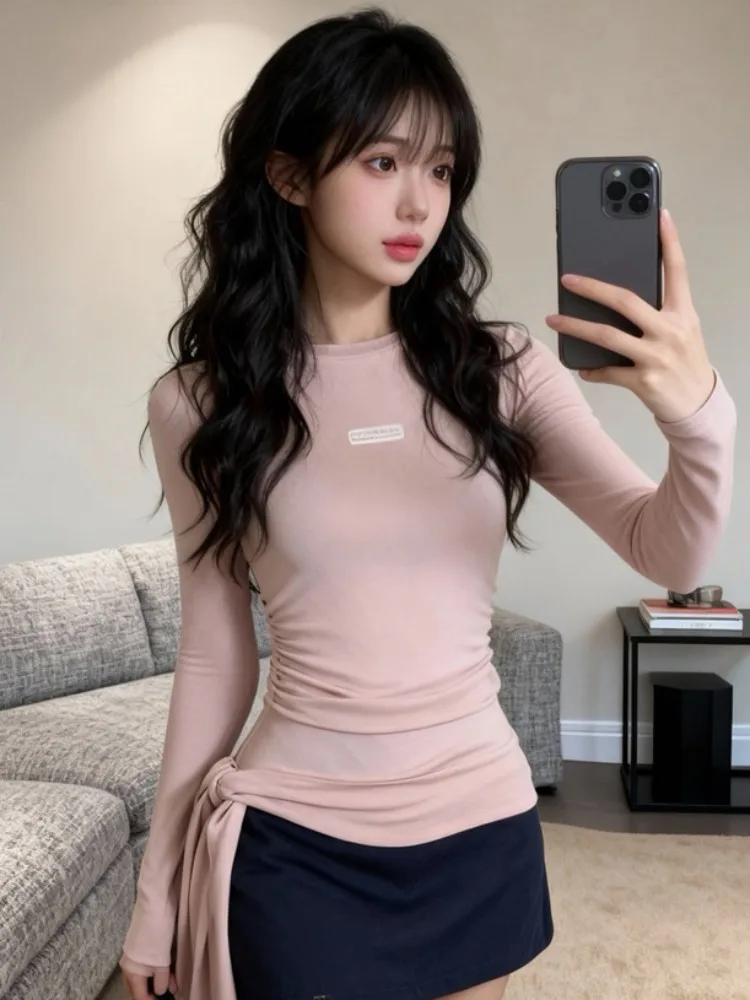

Spring New Style Soft Long Sleeve T-Shirt Women's Embroidery Drawstring Bow Tie Spicy Girl Base Shirt Top Korean Sweet Girl