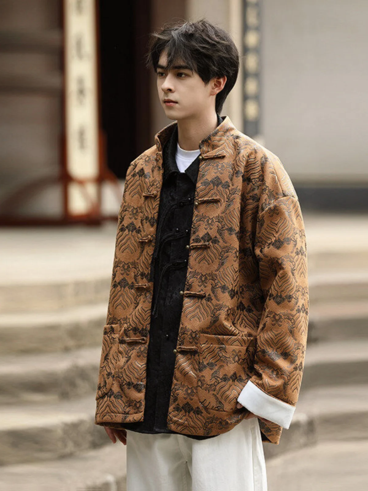 

Chinese Sle Stand Collar Jaet Men's Embroidered Silk Sea Pattern Couples Outerwear Long Sve Thiened Autumn Winter Coat