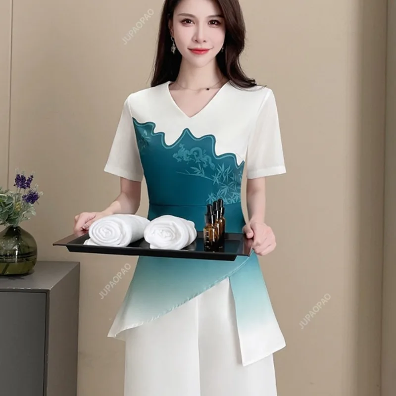 

2024 Summer New Spa Foot Bath Shop Workwear Female Technician Beauty Salon Leisure Health Club Workwear Set Short Sleeve