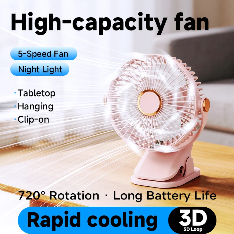 

180° Rotatable Clip/Stand/Hang Design Small Fan 5-Speed Adjustable & 3-Mode Night Light USB Rechargeable Mini Fan for Outdoor