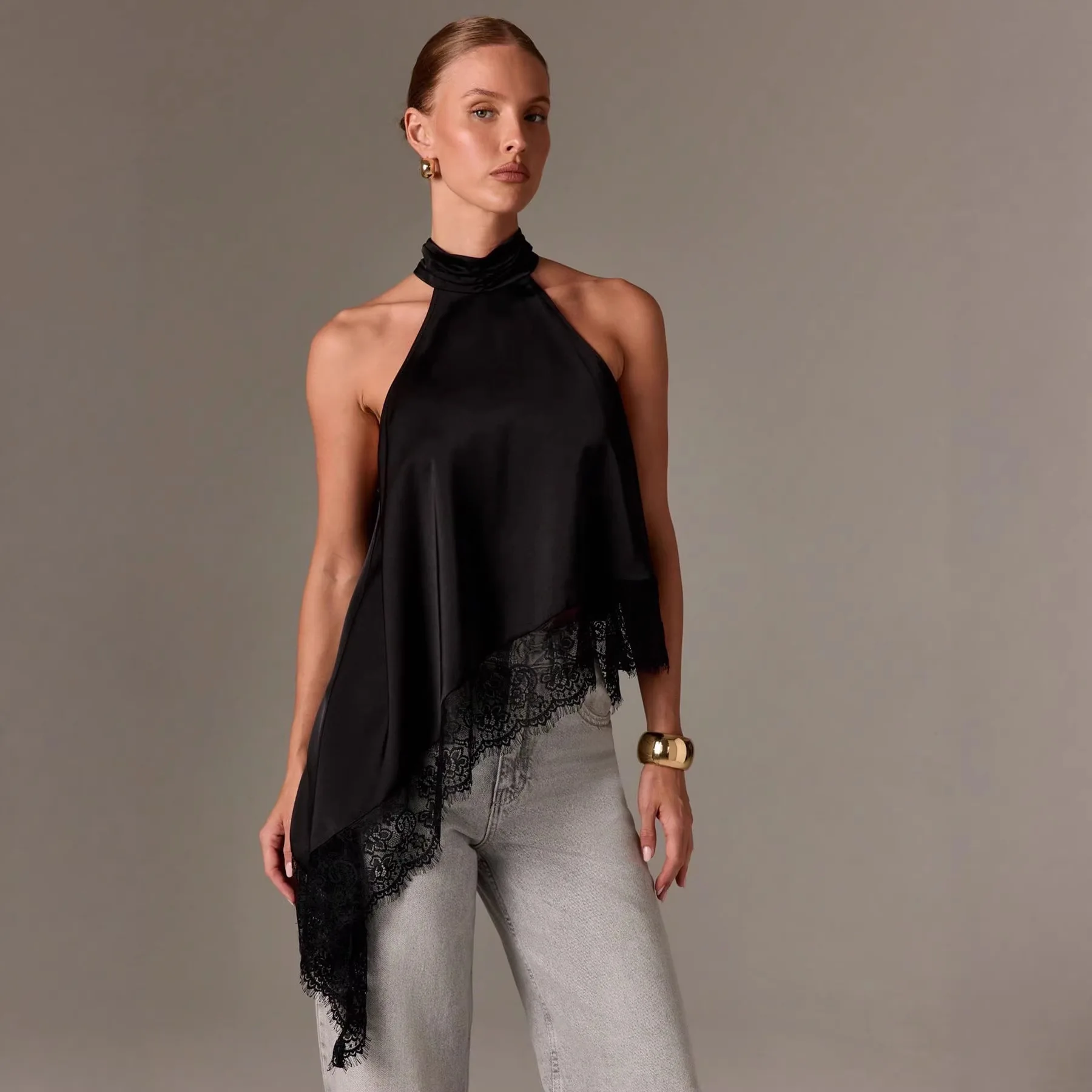 

Women Y2k Lace Crop Tops Elegant Asymmetry Draped Choker Halter Neck Sleeveless Vests 2026 Summer New Fashion Street Camis Vests